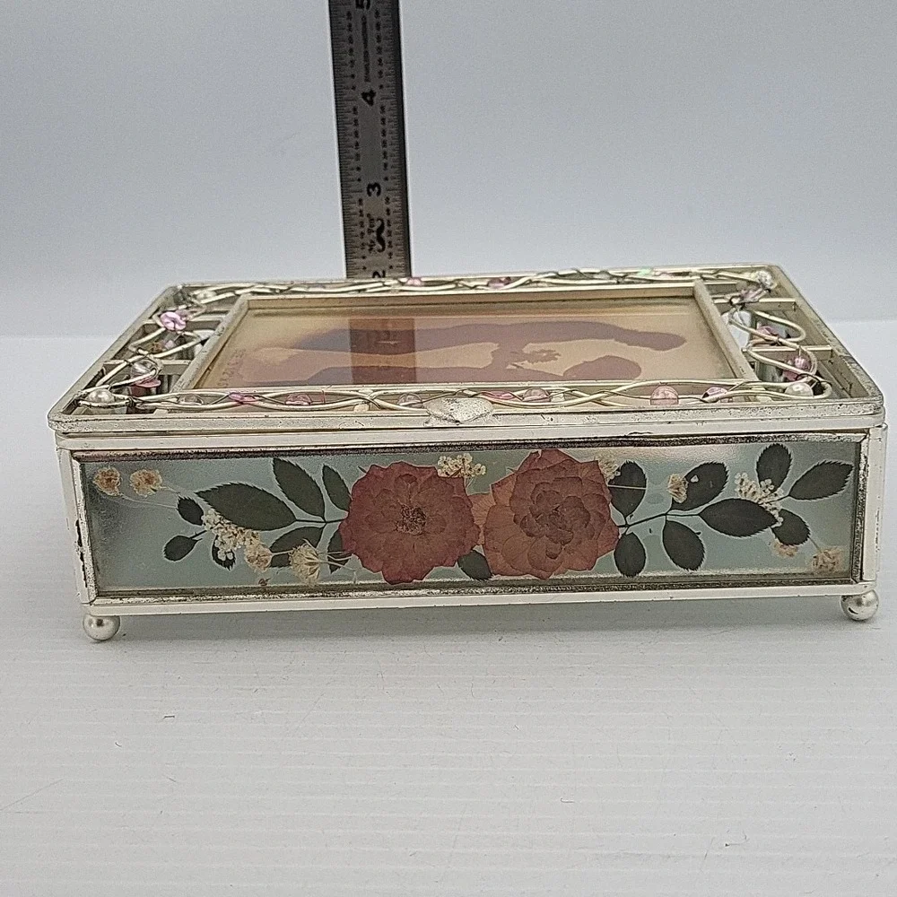 Vintage Glass Jewelry Trinket Photo Box w/ Colorful Beads On Wire